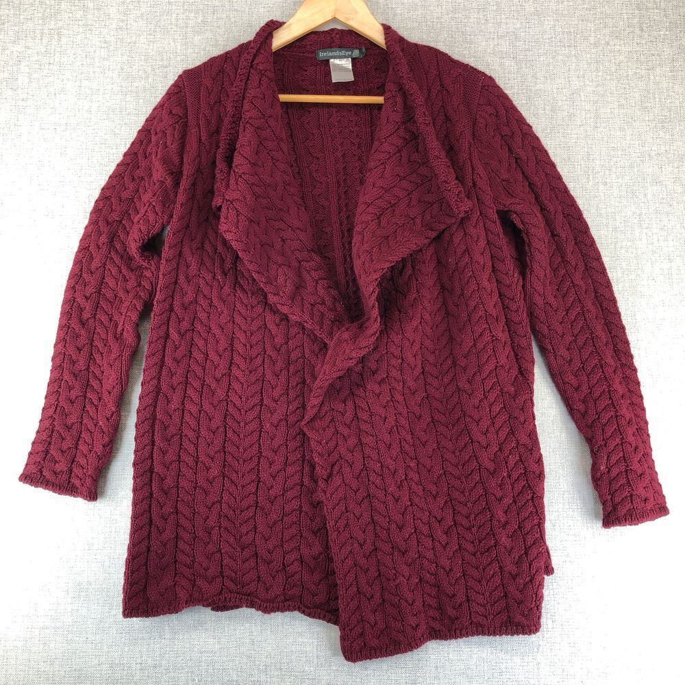 Irelands Eye Sweater Aran Cable Knit Made in Ireland 100% Virgin Wool Dark Red M